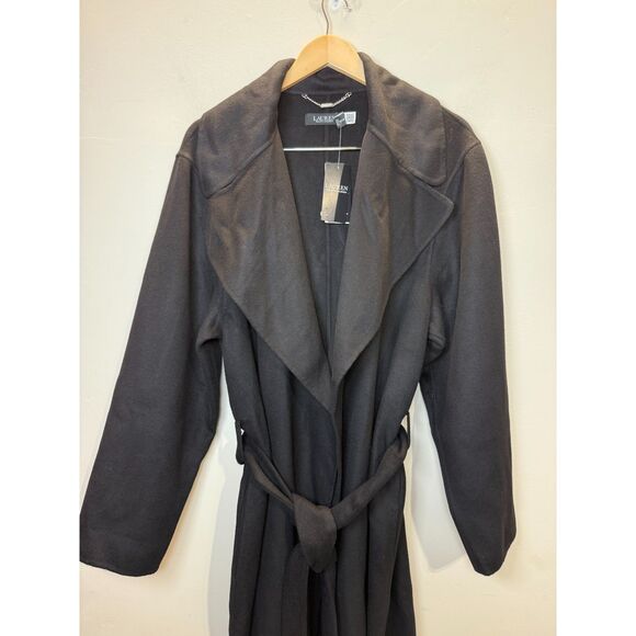 Lauren Ralph Lauren Coat Size 16 Black Wool Blend Belted Wrap Women’s Classic - Picture 4 of 9